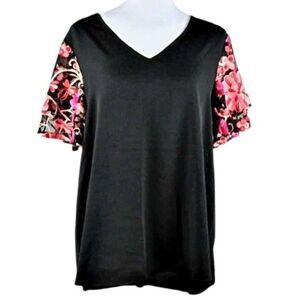 Cato Top Short Sleeve V-Neck Embroidered Floral Overlay Black Pink Woman's  Med